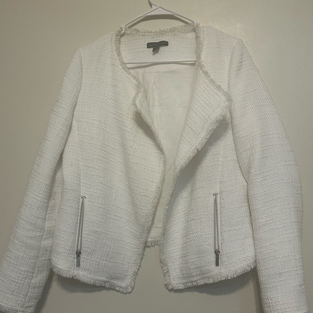 Saks Fifth Avenue White Blazer with Textured Fabric and Draped Collar